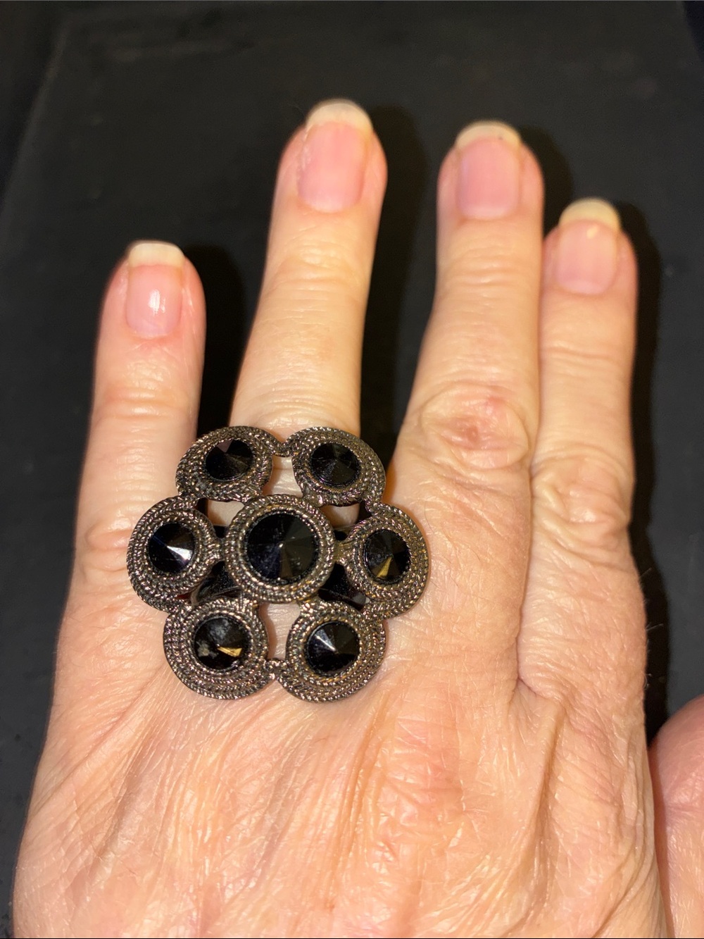 Black Cluster Multiple Faceted Black Stones Statement Stretch Ring